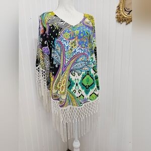Colorful Paisley Fringe Chico's Size 1 Blouse Cold Shoulder